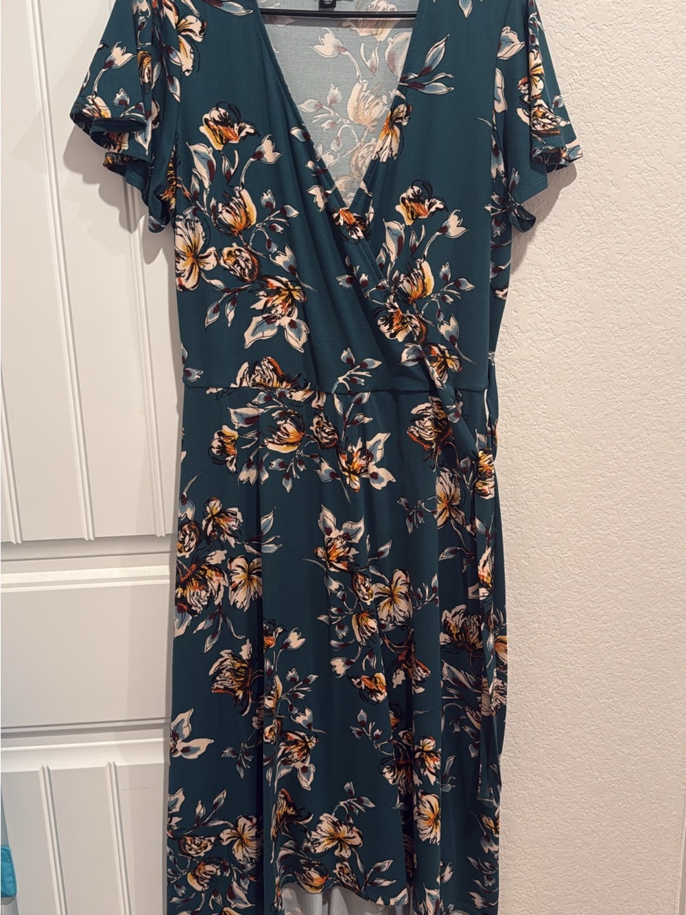 Deep Teal Floral Wrap Midi Dress